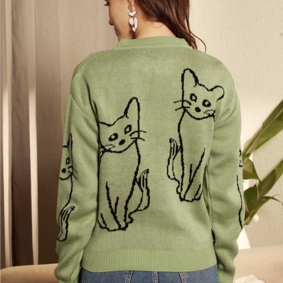 Abstract Cat Military Green Long Sleeve Crewneck Pullover Sweater - Picture 6 of 11